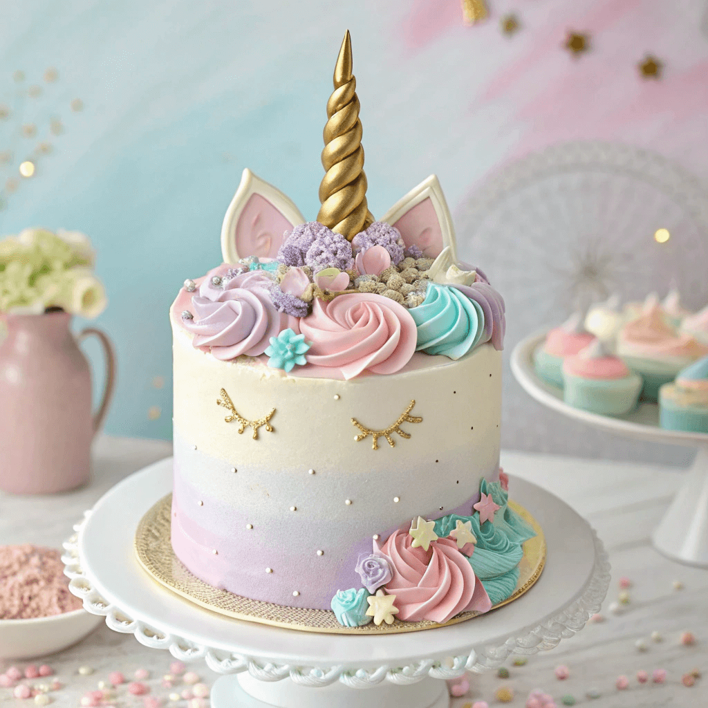 A classic unicorn cake design with pastel buttercream frosting, a gold horn, rainbow mane, and edible flower decorations.