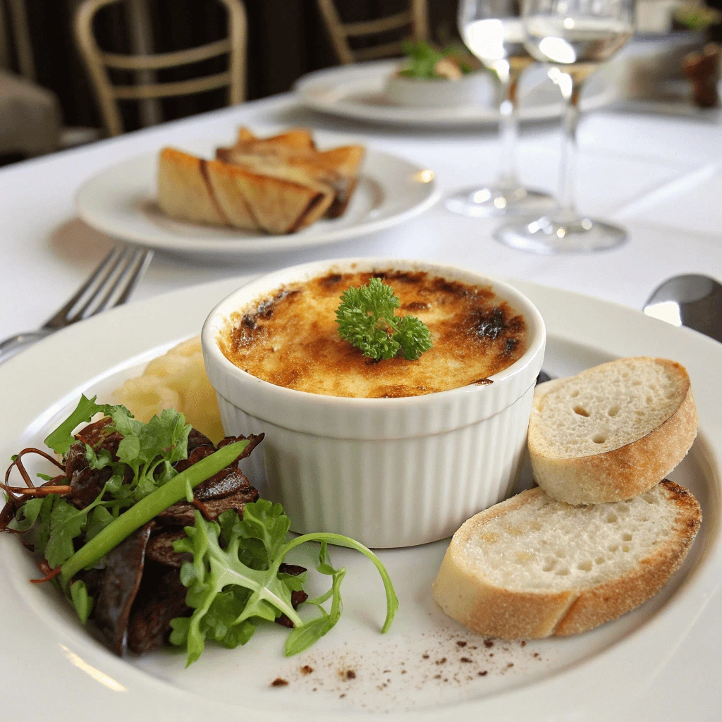 A beautifully presented crab brulee in a white ramekin with a golden caramelized crust, garnished with fresh herbs, served alongside crisp salad greens and crusty bread on an elegant dining table.