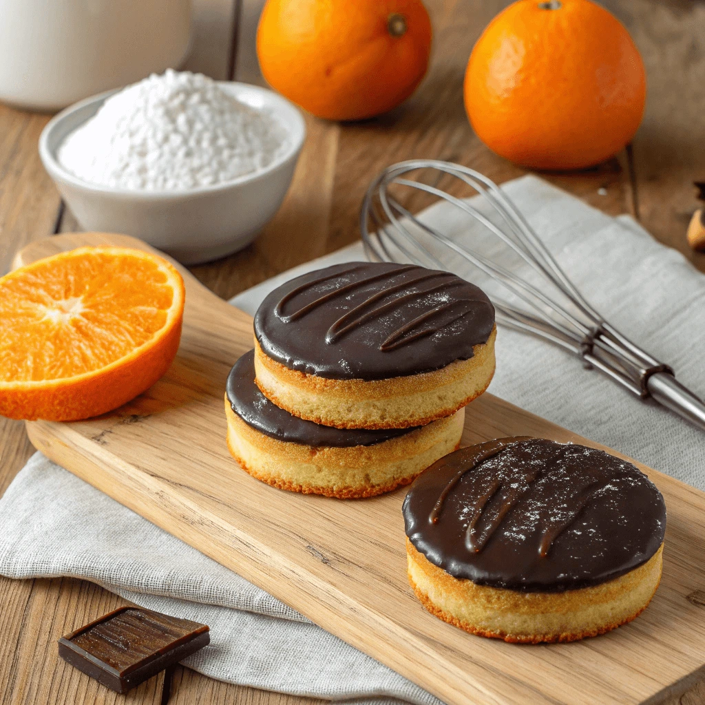 Close-up of three Jaffa Cakes on a wooden board, featuring a golden sponge base, orange jelly layer, and dark chocolate topping, surrounded by fresh oranges and baking ingredients.