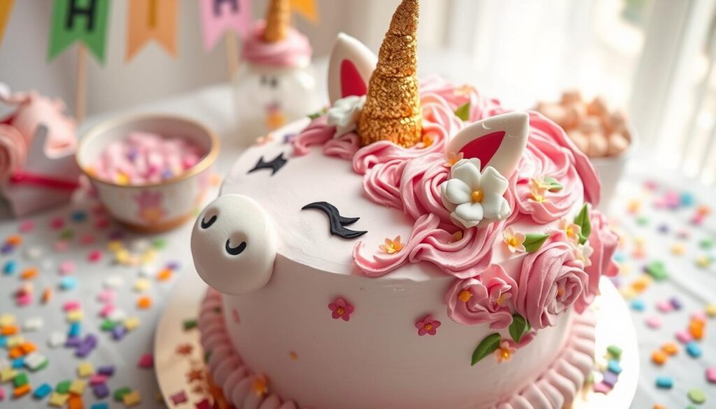 A whimsical unicorn-themed cake with pink buttercream swirls, a golden edible horn, and white fondant ears with pink centers. The cake is decorated with sugar flowers and surrounded by festive confetti on a table set for a celebration