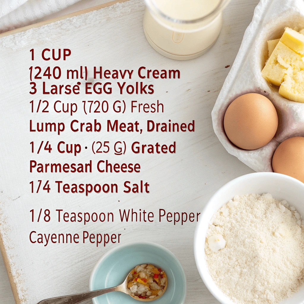 Ingredients for a savory custard recipe displayed on a white wooden surface, including heavy cream, eggs, lump crab meat, grated Parmesan cheese, salt, white pepper, and cayenne pepper.