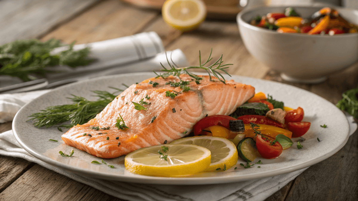 A beautifully plated king salmon fillet garnished with fresh dill and served with colorful roasted vegetables and lemon slices.